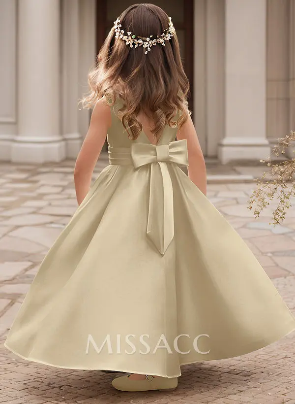 A-Line Scoop Neck Sleeveless Satin Flower Girl Dresses With Bow(s) - Missacc A-Line Scoop Neck Sleeveless Satin Flower Girl Dresses With Bow(s) - Missacc
