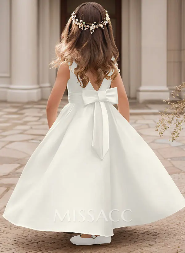 A-Line Scoop Neck Sleeveless Satin Flower Girl Dresses With Bow(s) - Missacc A-Line Scoop Neck Sleeveless Satin Flower Girl Dresses With Bow(s) - Missacc