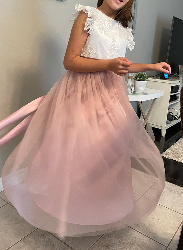 A-Line Scoop Neck Sleeveless Lace/Tulle Flower Girl Dresses With Bow(s)