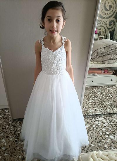A-Line V-Neck Sleeveless Lace/Tulle Flower Girl Dresses With Bow(s)