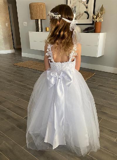 A-Line V-Neck Sleeveless Lace/Tulle Flower Girl Dresses With Bow(s)