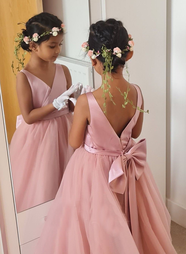 A-Line V-Neck Sleeveless Satin/Tulle Flower Girl Dresses With Bow(s)