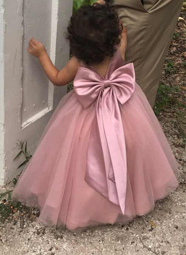 A-Line V-Neck Sleeveless Satin/Tulle Flower Girl Dresses With Bow(s)