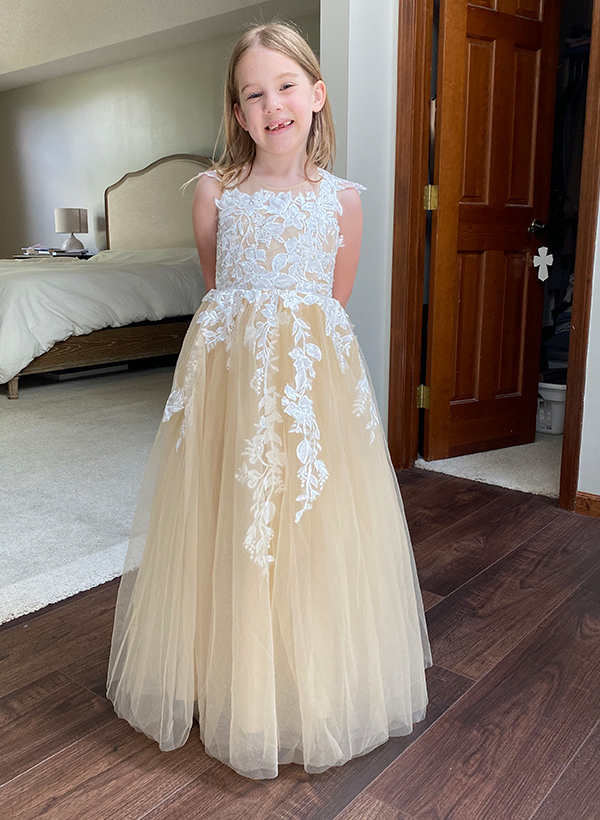 A-Line Illusion Neck Sleeveless Lace/Tulle Flower Girl Dresses With Bow(s)