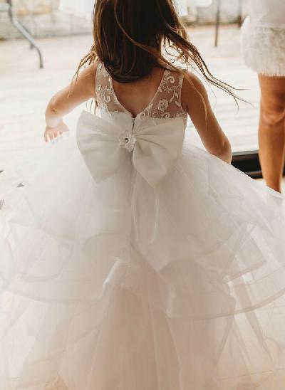 Ball-Gown Illusion Neck Sleeveless Tulle Flower Girl Dresses With Bow(s)