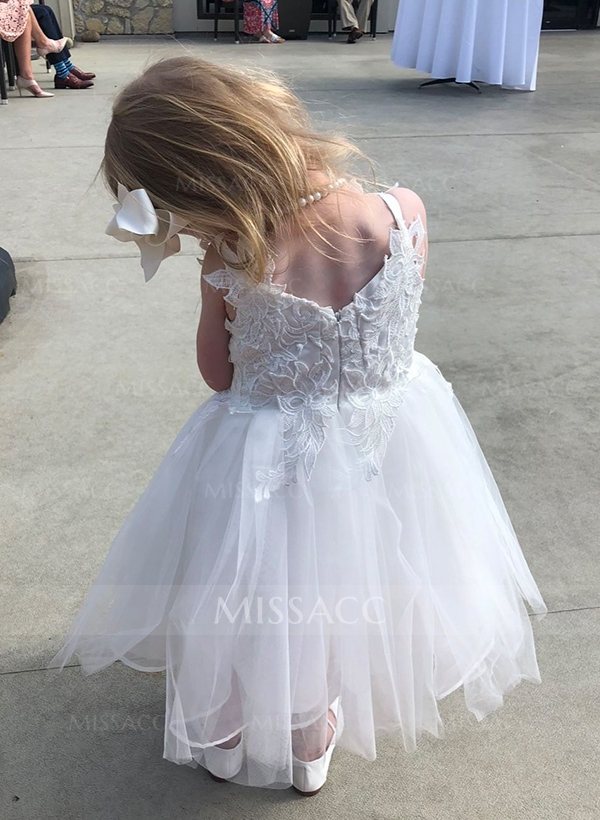 A-Line V-Neck Sleeveless Tea-Length Lace/Tulle Flower Girl Dresses