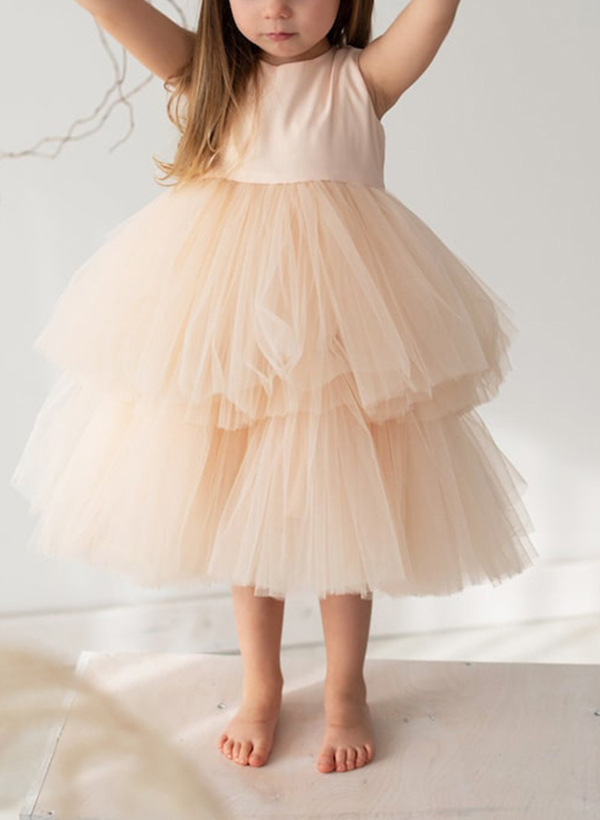 A-Line Scoop Neck Satin/Tulle Flower Girl Dresses With Cascading Ruffles