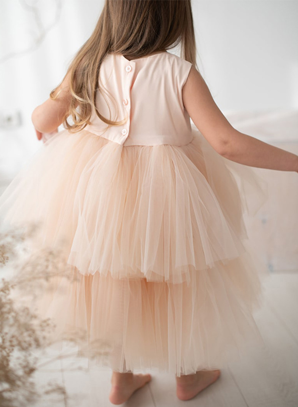 A-Line Scoop Neck Satin/Tulle Flower Girl Dresses With Cascading Ruffles