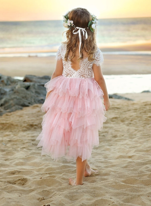 A-Line Scoop Neck Short Sleeves Lace/Tulle Flower Girl Dresses With Cascading Ruffles