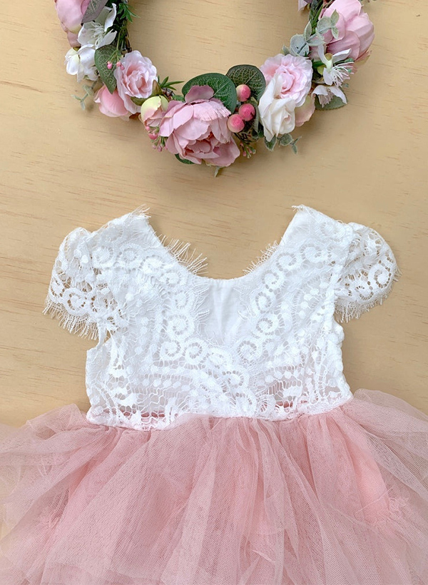 A-Line Scoop Neck Short Sleeves Lace/Tulle Flower Girl Dresses With Cascading Ruffles