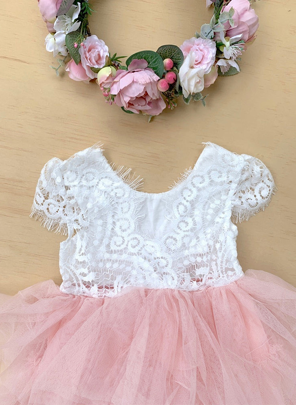 A-Line Scoop Neck Short Sleeves Lace/Tulle Flower Girl Dresses With Cascading Ruffles