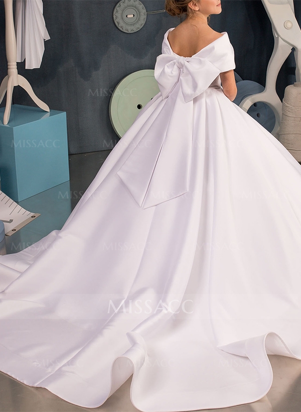 Ball-Gown Off-The-Shoulder Satin Flower Girl Dresses With Bow(s)