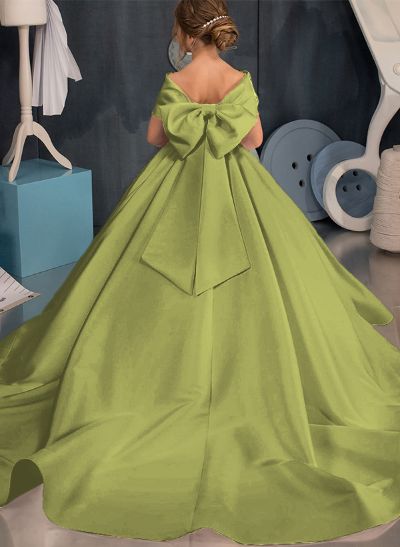 Ball-Gown Off-The-Shoulder Satin Flower Girl Dresses With Bow(s) Ball-Gown Off-The-Shoulder Satin Flower Girl Dresses With Bow(s)