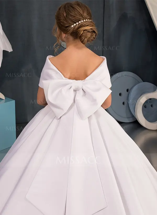 Off Shoulder Satin Flower Girl Gown with Bow for Wedding Formal Party main image 1