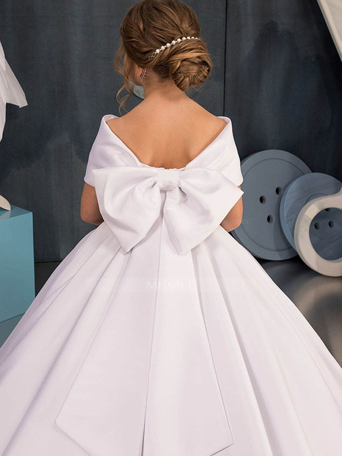 Ball-Gown Off-The-Shoulder Satin Flower Girl Dresses With Bow(s)