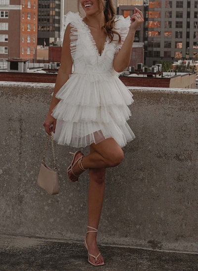 A-Line V-Neck Sleeveless Short/Mini Tulle Homecoming Dresses