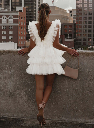 A-Line V-Neck Sleeveless Short/Mini Tulle Homecoming Dresses