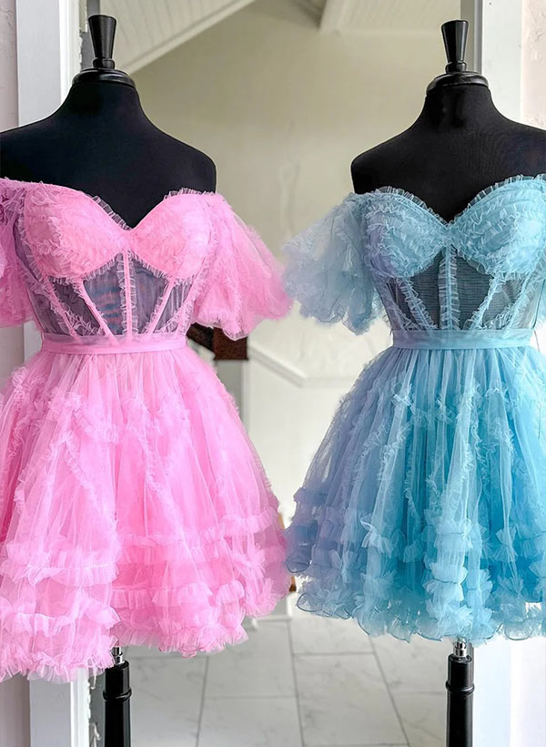 A-Line Sweetheart Short Sleeves Short/Mini Tulle Homecoming Dresses