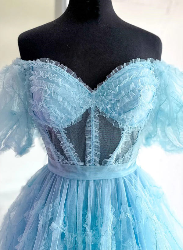 A-Line Sweetheart Short Sleeves Short/Mini Tulle Homecoming Dresses