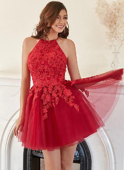 A-Line Halter Short/Mini Tulle Homecoming Dresses With Appliques Lace