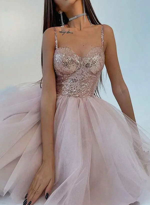 A-Line Sweetheart Sleeveless Short/Mini Tulle/Sequined Homecoming Dresses