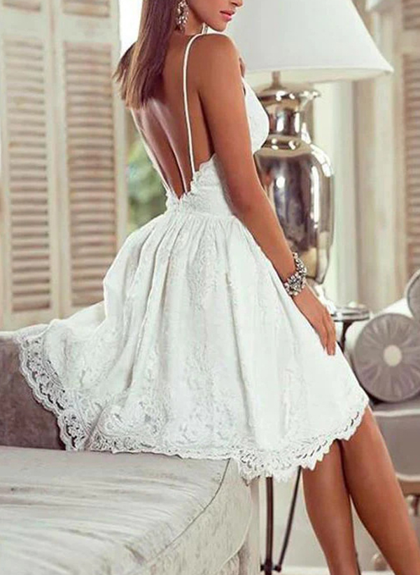 A-Line V-Neck Sleeveless Short/Mini Lace Little White Homecoming Dresses