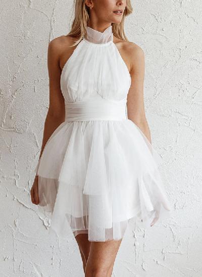 A-Line High Neck Sleeveless Short/Mini Tulle Homecoming Dresses With Ruffle
