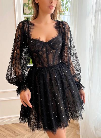 A-Line Sweetheart Long Sleeves Short/Mini Lace Homecoming Dresses With Sequins