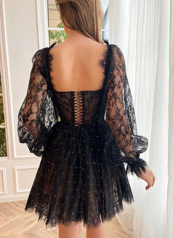 A-Line Sweetheart Long Sleeves Short/Mini Lace Homecoming Dresses With Sequins