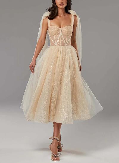 A-Line Sweetheart Tulle Homecoming Dresses With Bow(s)/Rhinestone
