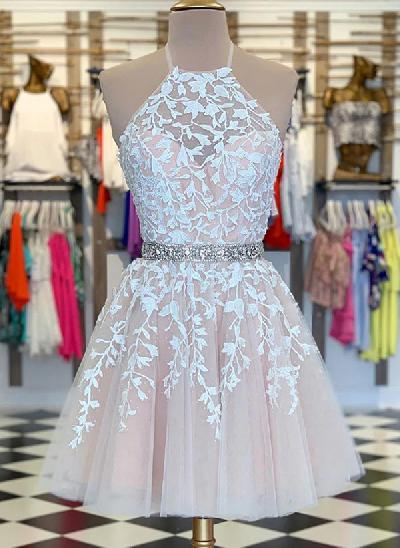 A-Line Halter Short/Mini Lace/Tulle Homecoming Dresses With Rhinestone