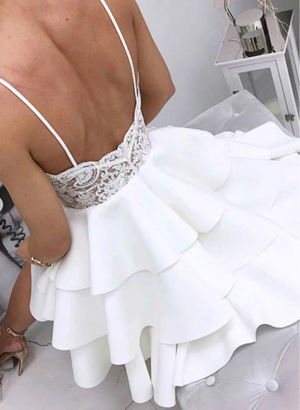 A-Line Short Lace/Crepe Satin Homecoming Dresses With Cascading Ruffles