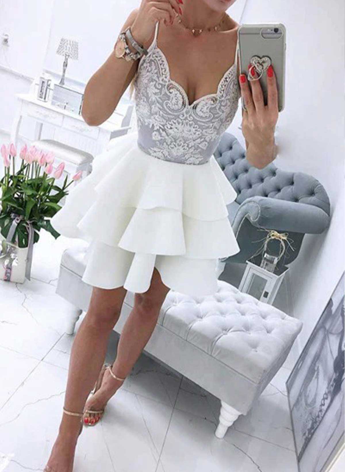 A-Line Short Lace/Crepe Satin Homecoming Dresses With Cascading Ruffles