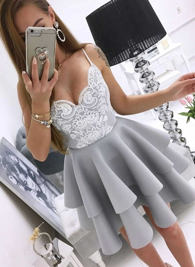 A-Line Short Lace/Crepe Satin Homecoming Dresses With Cascading Ruffles