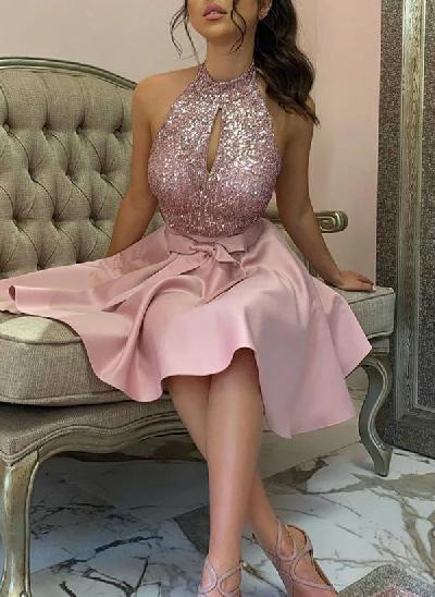 A-Line Halter Short/Mini Satin/Sequined Homecoming Dresses With Bow(s)