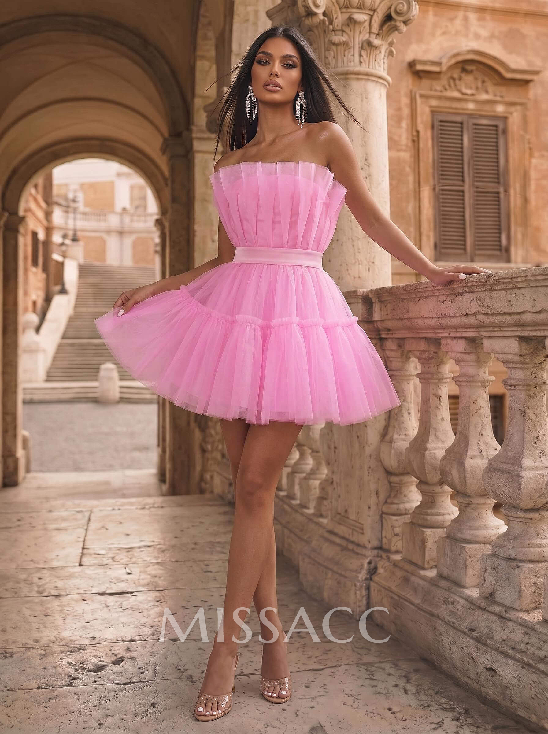 A-Line Strapless Sleeveless Short/Mini Tulle Homecoming Dresses With Cascading Ruffles