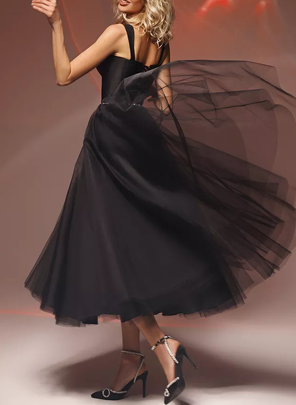A-Line Square Neckline Sleeveless Satin/Tulle Homecoming Dresses