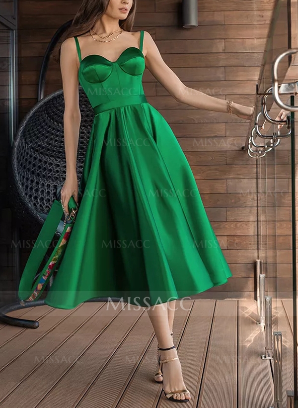 A-Line Sweetheart Sleeveless Tea-Length Satin Homecoming Dresses