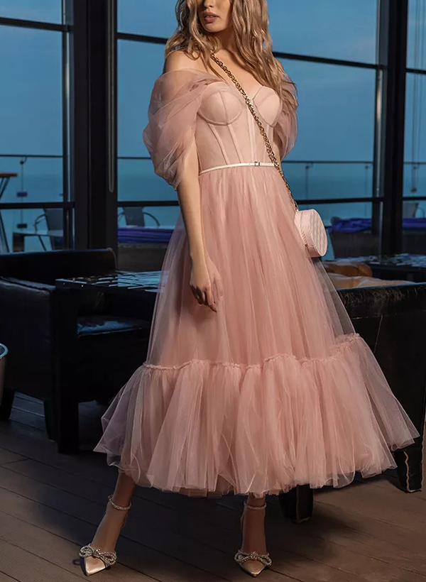 A-Line Sweetheart Sleeveless Tea-Length Tulle Homecoming Dresses