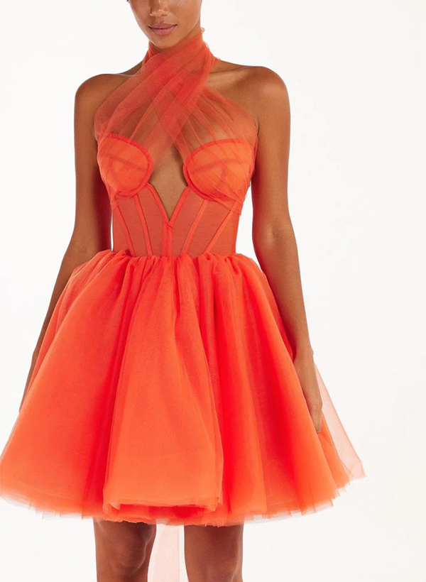 Sexy A-Line Halter Sleeveless Short/Mini Tulle Homecoming Dresses