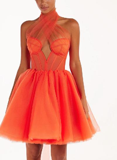 Sexy A-Line Halter Sleeveless Short/Mini Tulle Homecoming Dresses