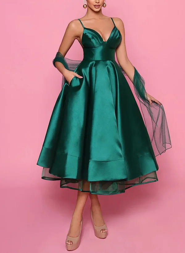 A-Line V-Neck Sleeveless Satin/Tulle Cocktail Dresses With Pockets #SCD10157   $120
