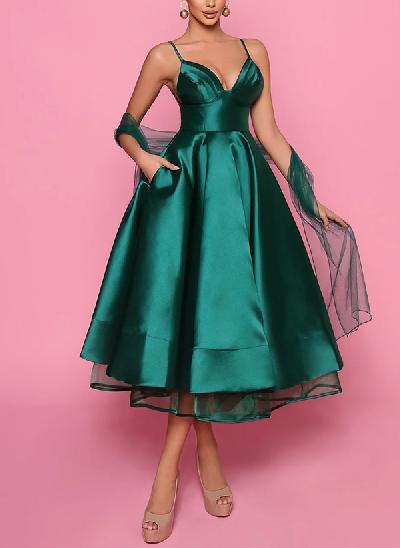 A-Line V-Neck Sleeveless Satin/Tulle Cocktail Dresses With Pockets