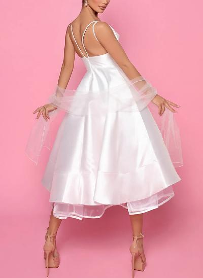 A-Line V-Neck Sleeveless Satin/Tulle Homecoming Dresses With Pockets