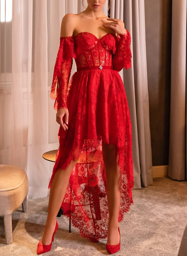 A-Line Off-The-Shoulder 3/4 Sleeves Asymmetrical Lace Homecoming Dresses