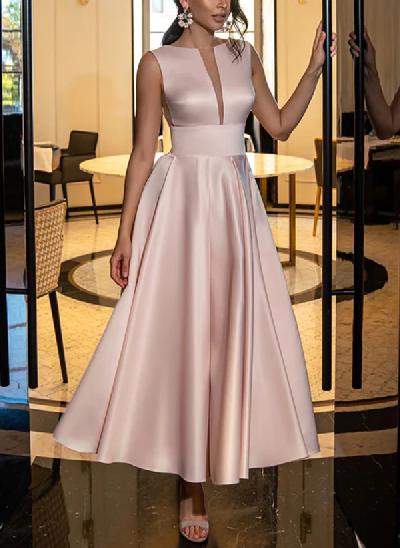 A-Line Illusion Neck Sleeveless Ankle-Length Satin Homecoming Dresses