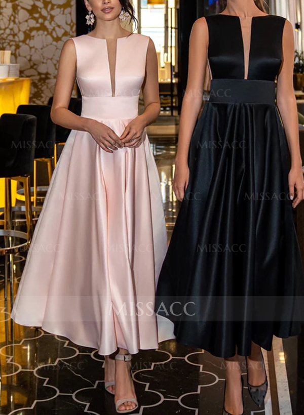 A-Line Illusion Neck Sleeveless Ankle-Length Satin Homecoming Dresses