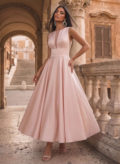 A-Line Illusion Neck Sleeveless Ankle-Length Satin Homecoming Dresses