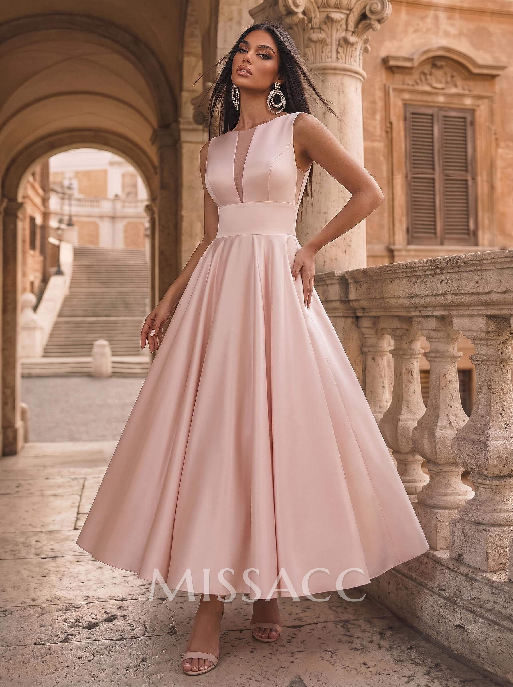 A-Line Illusion Neck Sleeveless Ankle-Length Satin Homecoming Dresses