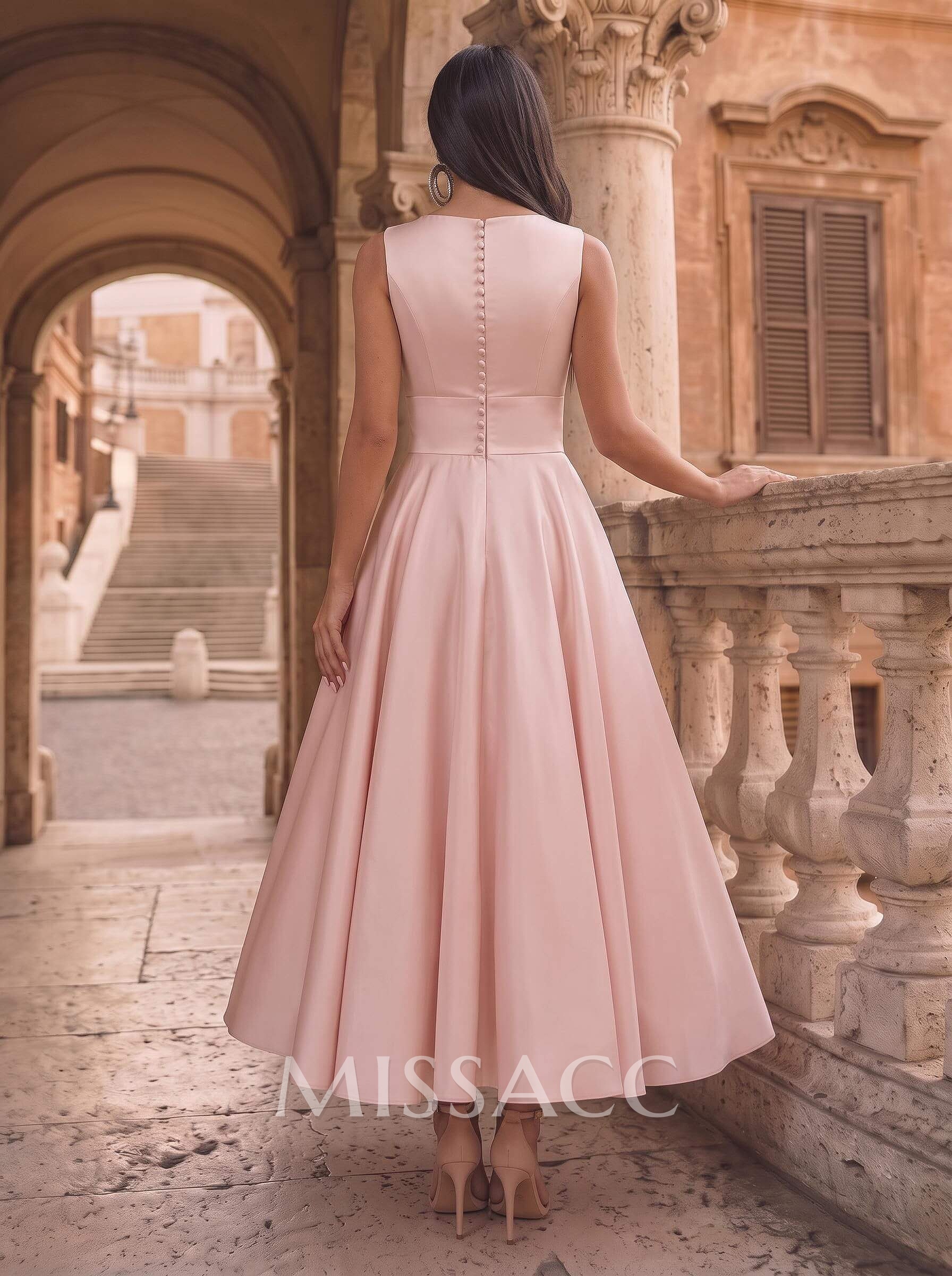 A-Line Illusion Neck Sleeveless Ankle-Length Satin Homecoming Dresses